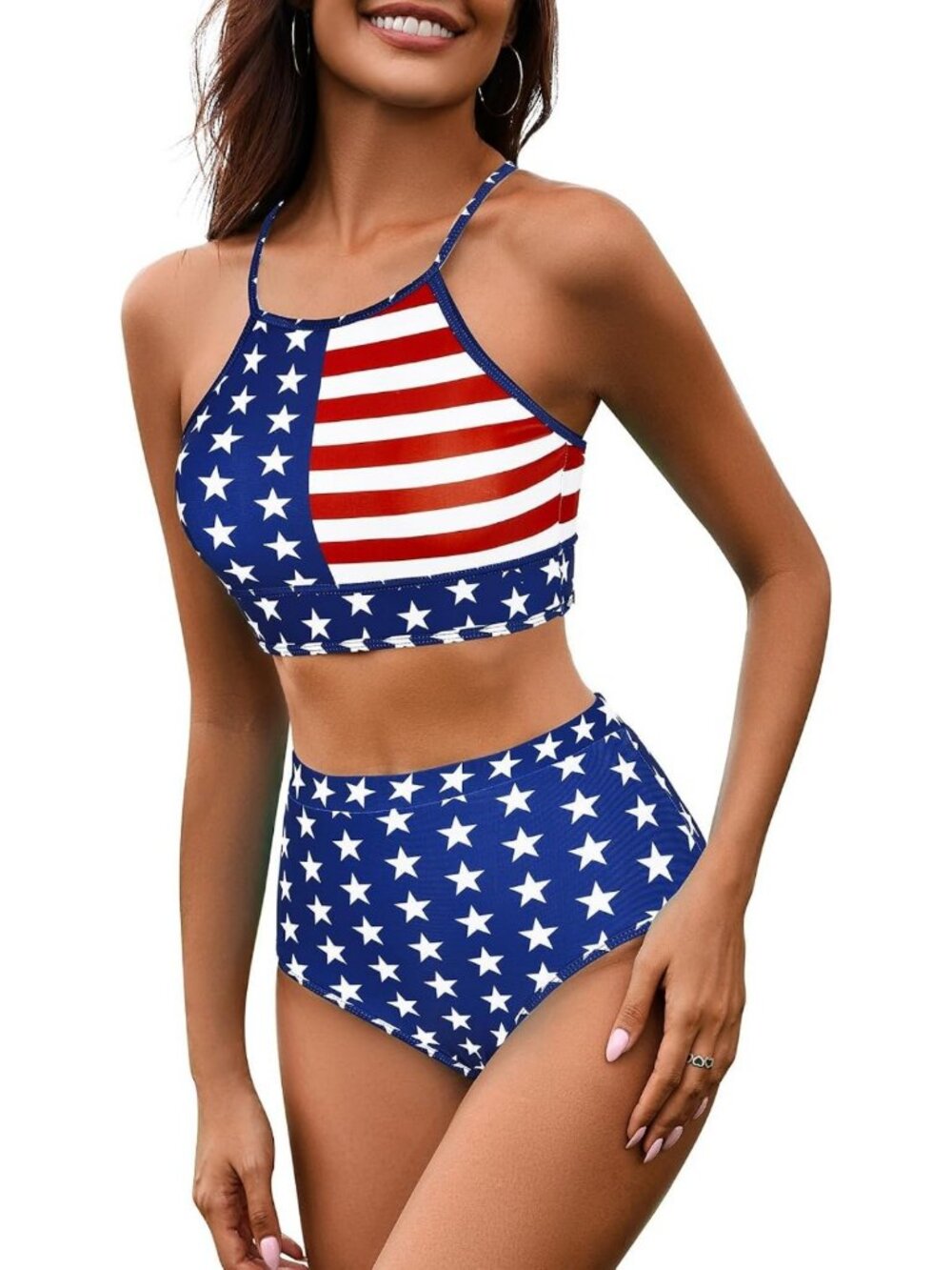 High Waisted American Flag Swimsuit for Women | 2-Piece 4th of July Bathing Suit
